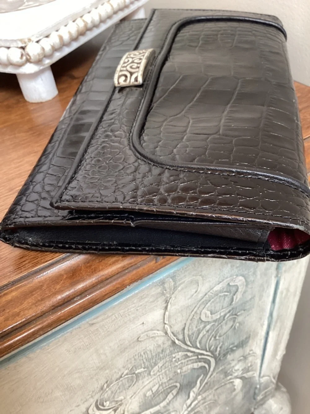 BRIGHTON Retired Travel The World Black Croc Embossed Leather Crossbody Bag